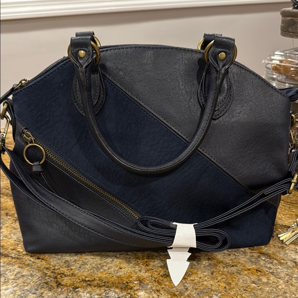 Bueno Blue Satchel with Textured Leather and Gold Hardware